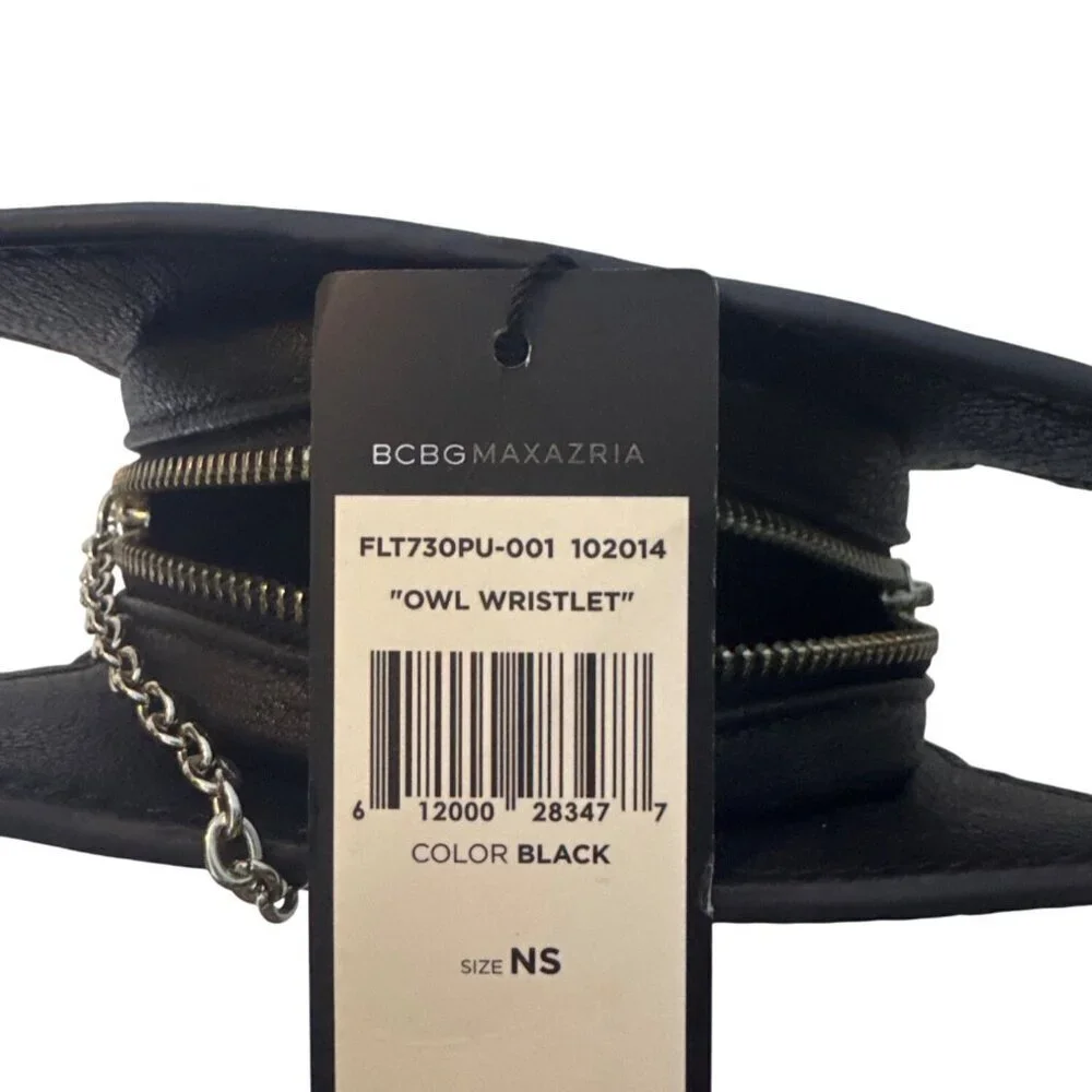 BCBG Max Azria Black Owl Wristlet Purse With Chain Strap & Zipper Closure